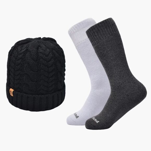 Timberland L Black Silver Gray Cable Knit Beanie Hat and Two Pairs of Socks - Picture 1 of 12